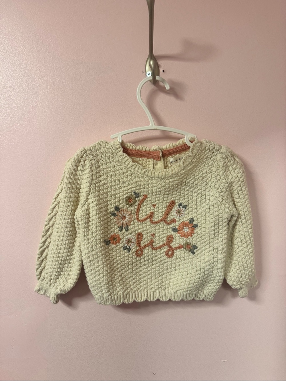 Max Studio Cream Knit Sweater with Pink Floral Embroidery 6-9m